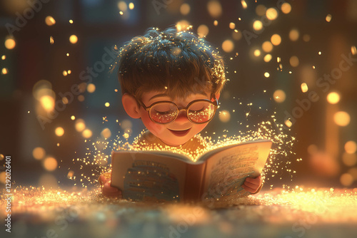Magical moment of a child reading a glowing book