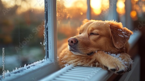 Golden Dog Sleeping Near Frosted Window in a Warm Spot. Generative AI photo