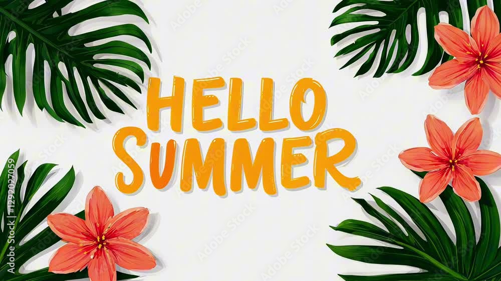 Tropical flowers and leaves frame animated Hello Summer title on white background