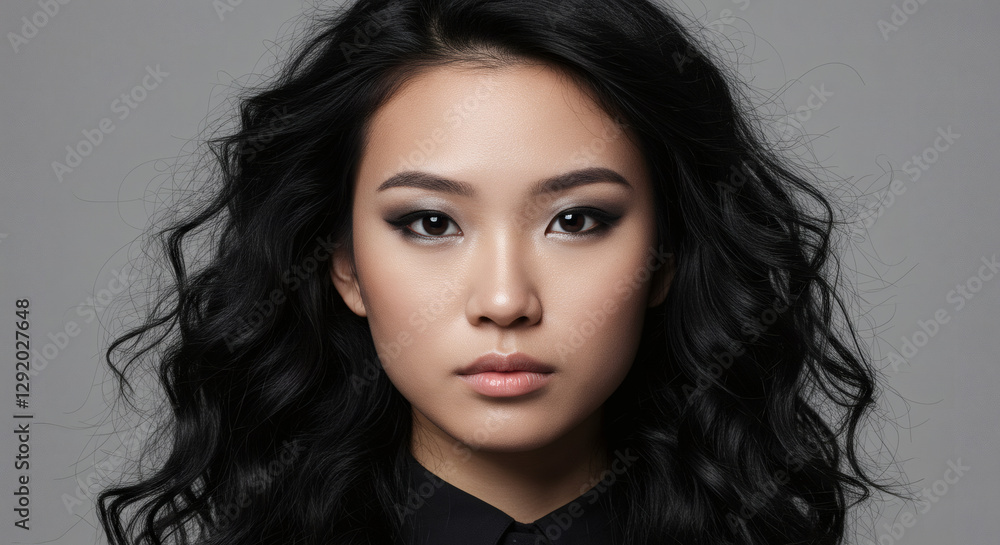 Naklejka premium A young Asian woman in her late teens or early twenties, with long, curly black hair and subtle makeup, gazes directly at the camera in a sophisticated studio portrait with soft lighting.