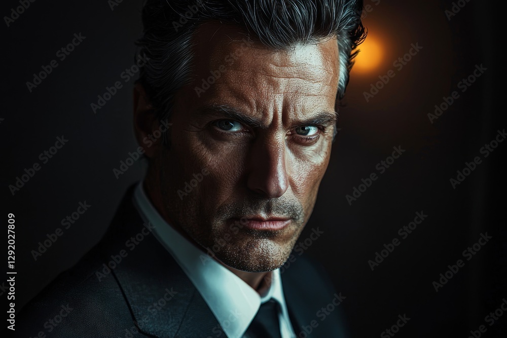 Portrait of an elegant man with a fixed gaze in a classically lit studio. Timelessly beautiful male model with a calm and thoughtful facial expression. Portrait of an elegant man with a fixed gaze in a classically lit studio. Timelessly beautiful male model with a calm and thoughtful facial expression.