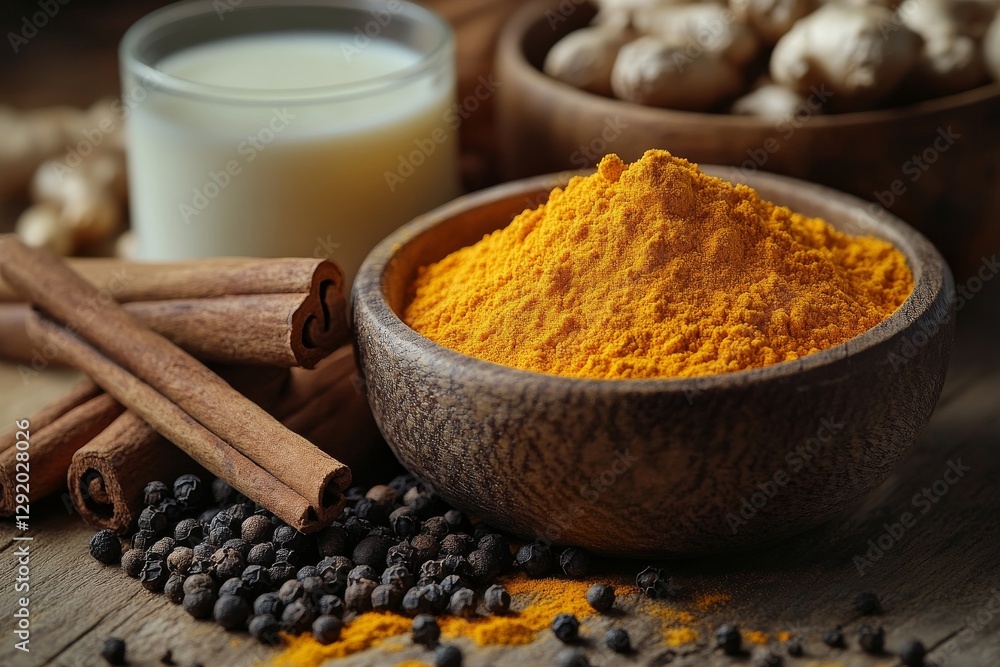 Turmeric powder, black pepper, cinnamon sticks, and milk in rustic kitchen Turmeric powder, black pepper, cinnamon sticks, and milk in rustic kitchen