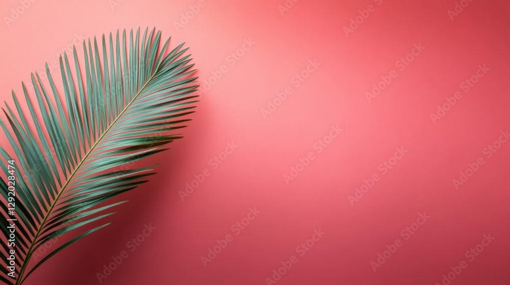 Fototapeta premium Palm leaf on red background, a tropical theme.