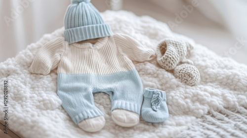 Baby clothes set, light blue, cream, knitted, soft,  cozy, white blanket background