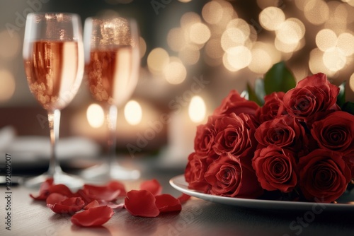 Romantic Roses and Champagne Still Life