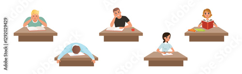 Man and Woman Student Sitting at Table with Books Vector Set