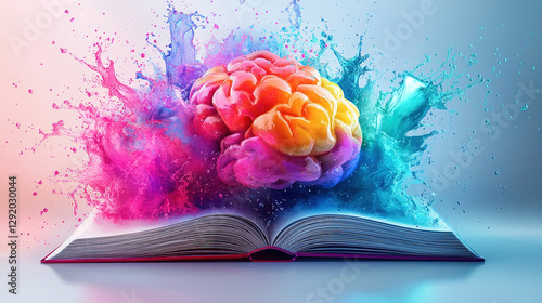 Creative explosion of imagination colorful brain emerging from open book in vibrant artistic environment