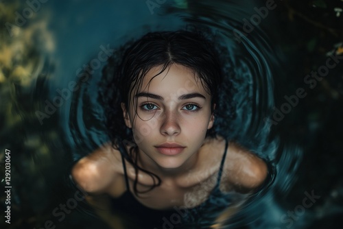 Serene Young Woman in Dark Water