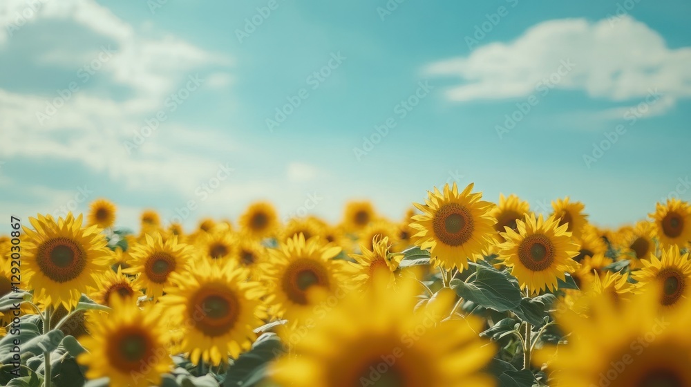 Sunny sunflower field, summer, blue sky, clouds Sunny sunflower field, summer, blue sky, clouds