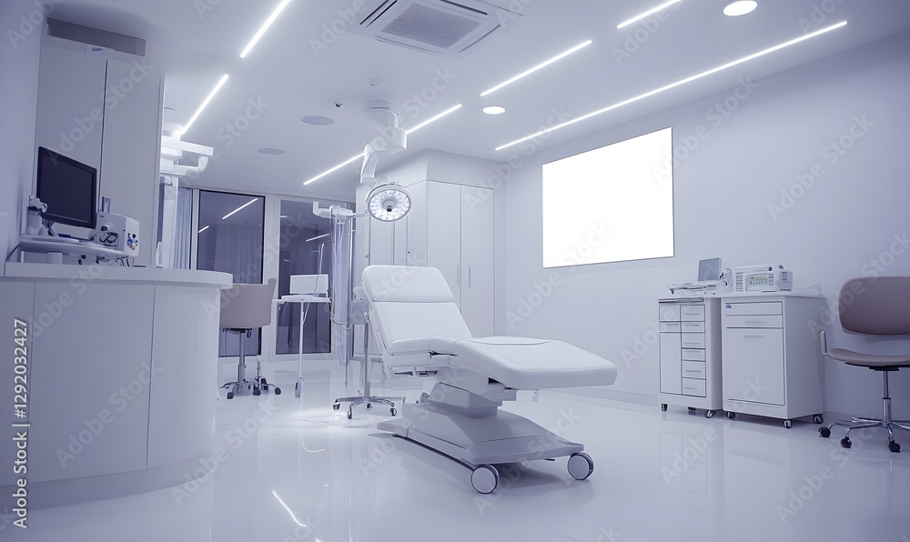 A mockup of an empty white poster on the wall in modern hospital waiting room with comfortable chairs and medical equipment. empty white blank poster on white wall in hospital, white board A mockup of an empty white poster on the wall in modern hospital waiting room with comfortable chairs and medical equipment. empty white blank poster on white wall in hospital, white board