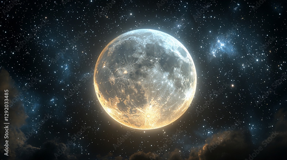 Obraz premium Full moon in starry night sky with clouds.