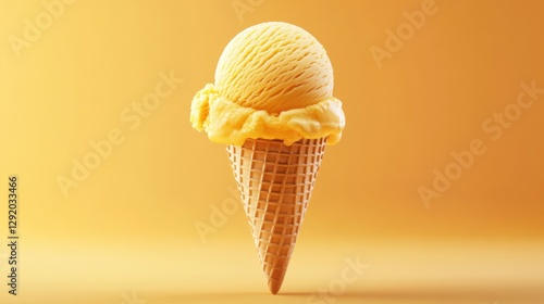 3D vector icon of a mango ice cream cone, realistic shading and textures, light orange background