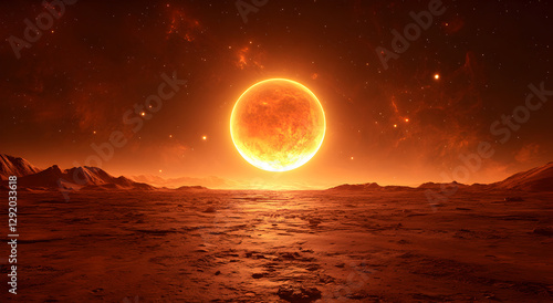 Bright orange sun rises over rugged alien landscape with distant stars scattered across the dark sky