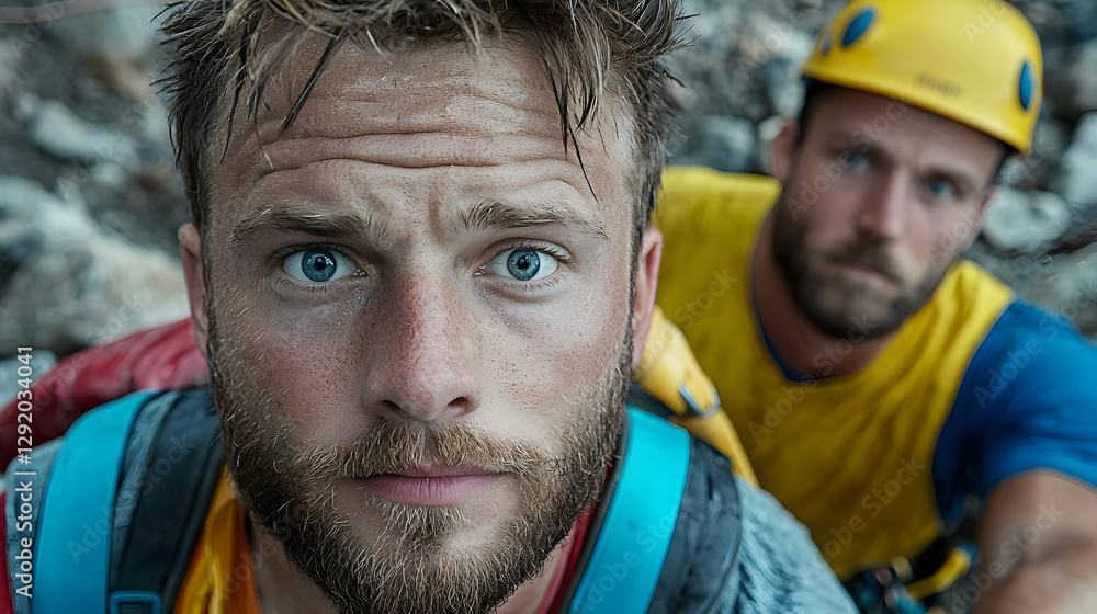 Climbers resting after mountain ascent, rocky background Climbers resting after mountain ascent, rocky background