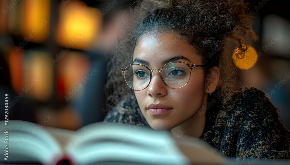 Woman reads book in cafe Woman reads book in cafe
