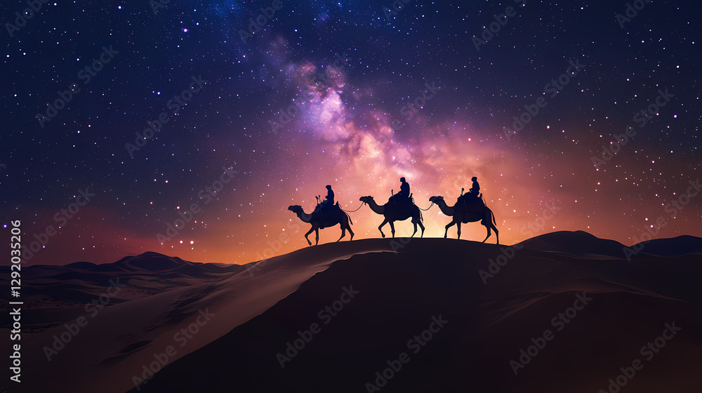 custom made wallpaper toronto digitalCamel riders crossing a vast desert under the milky way, stars illuminating the sand dunes. Desert Caravan Under Stars. Illustration