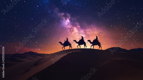 Wallpaper Mural Camel riders crossing a vast desert under the milky way, stars illuminating the sand dunes. Desert Caravan Under Stars. Illustration Torontodigital.ca