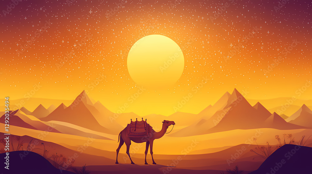Camel standing in desert under setting sun with mountains and stars. Desert Caravan Under Stars. Illustration Camel standing in desert under setting sun with mountains and stars. Desert Caravan Under Stars. Illustration