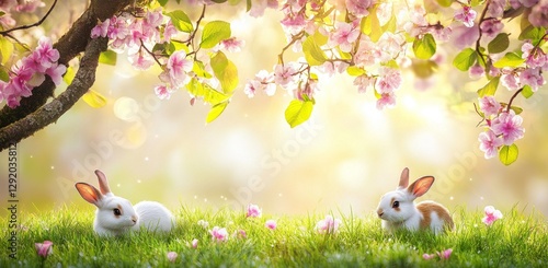 As the sun sets, casting a warm glow, two cute bunnies nuzzle among delicate pink blossoms, crafting a heartening image of springtime tenderness and love photo