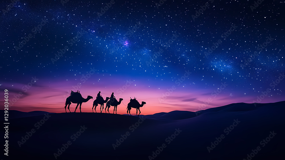 Fototapeta premium Silhouette of a camel caravan crossing desert dunes under a breathtaking starry sky at dusk, capturing adventure and tranquility. Desert Caravan Under Stars. Illustration