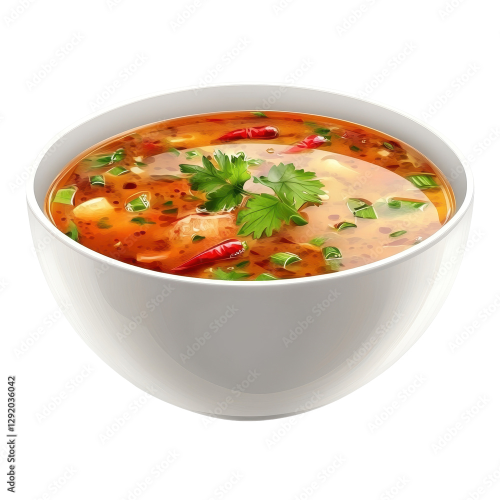 Hot and spicy pork soup served in a white bowl with fresh herbs and chilies, hot and spicy soup with porkisolated on white background Hot and spicy pork soup served in a white bowl with fresh herbs and chilies, hot and spicy soup with porkisolated on white background