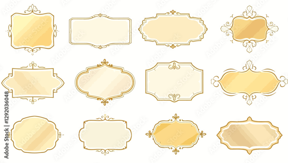 A collection of luxurious golden label frames with elegant vintage designs, perfect for branding, packaging, invitations, and decorative artwork. A collection of luxurious golden label frames with elegant vintage designs, perfect for branding, packaging, invitations, and decorative artwork.