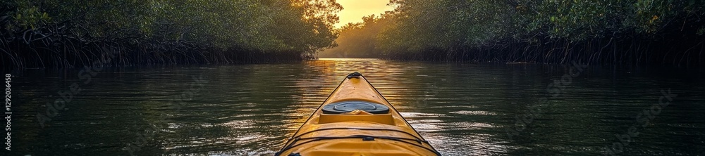 Fototapeta premium A peaceful kayaking experience through a mangrove forest with the golden light of sunset illuminating the path. Generative AI