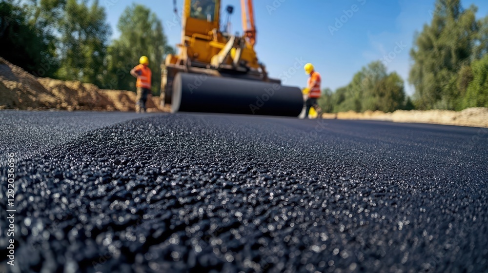 Road construction with asphalt paving machine and construction workers working in the background. Road construction with asphalt paving machine and construction workers working in the background.