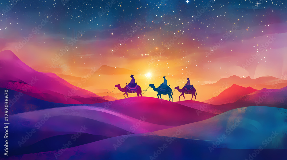 Fototapeta premium Three figures on camels journey through a colorful desert under a bright star at twilight. Desert Caravan Under Stars. Illustration
