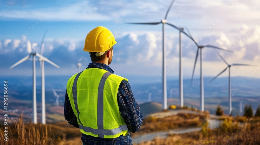 Engineer observing wind turbines in renewable energy field. Engineer observing wind turbines in renewable energy field.