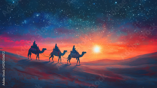 Wallpaper Mural Three figures on camels journey through a colorful desert under a bright star at twilight. Desert Caravan Under Stars. Illustration Torontodigital.ca
