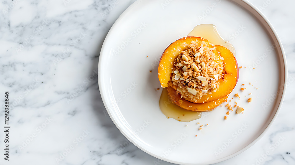 Elegant dessert of sliced peach halves, topped with a crunchy crumble and a drizzle of syrup on a pristine white plate against a marble background. Elegant dessert of sliced peach halves, topped with a crunchy crumble and a drizzle of syrup on a pristine white plate against a marble background.