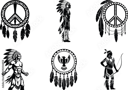 Native American vector silhouette clipart bundle design, beautiful feathers, Collection of Indian Silhouettes, native american vector illustration.