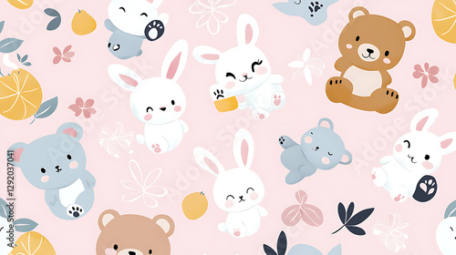 A colorful pattern of animals including rabbits, bears, and a bear cub. generated using AI
