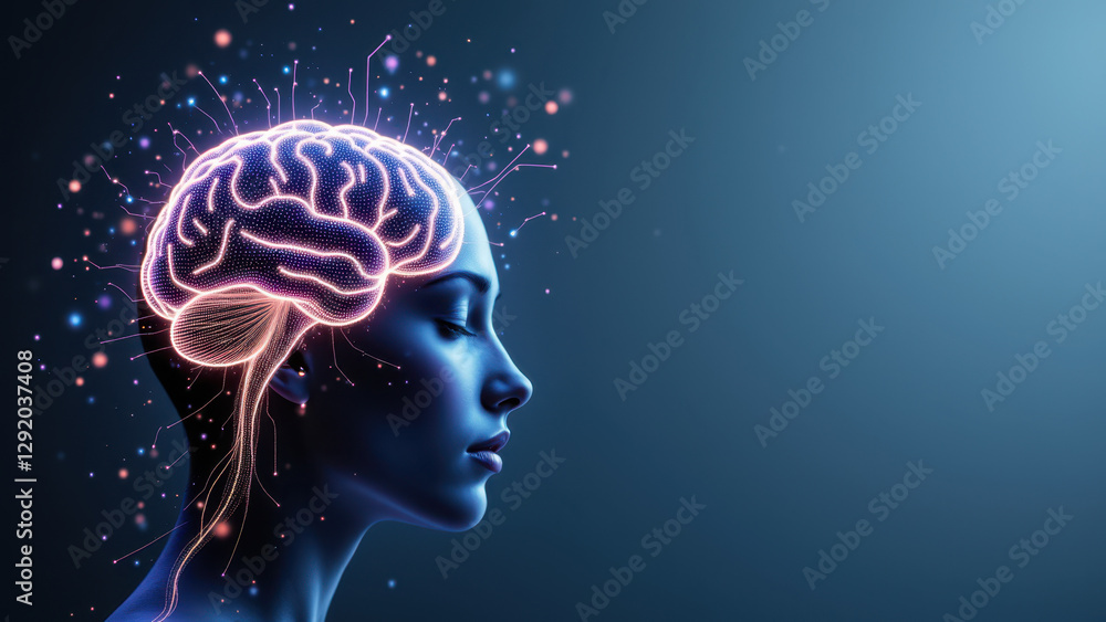 Obraz premium A conceptual illustration featuring a human head with an AI brain inside, symbolizing artificial general intelligence.