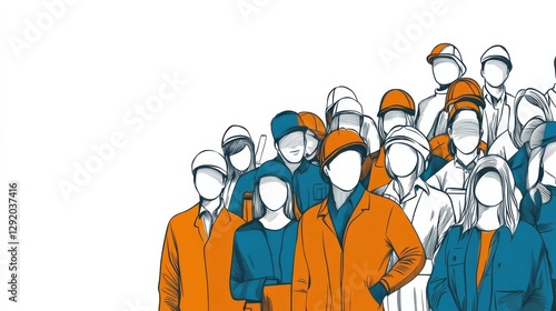 Abstract illustration of diverse workers wearing safety helmets and uniforms, symbolizing teamwork, labor force unity, and professional diversity.