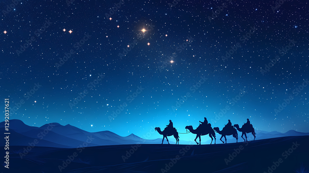 Fototapeta premium Travelers on camels under a starry sky embarking on a historic journey at night. Desert Caravan Under Stars. Illustration