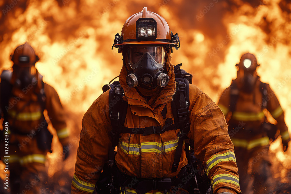 A group of firefighters are in front of a burning building A group of firefighters are in front of a burning building