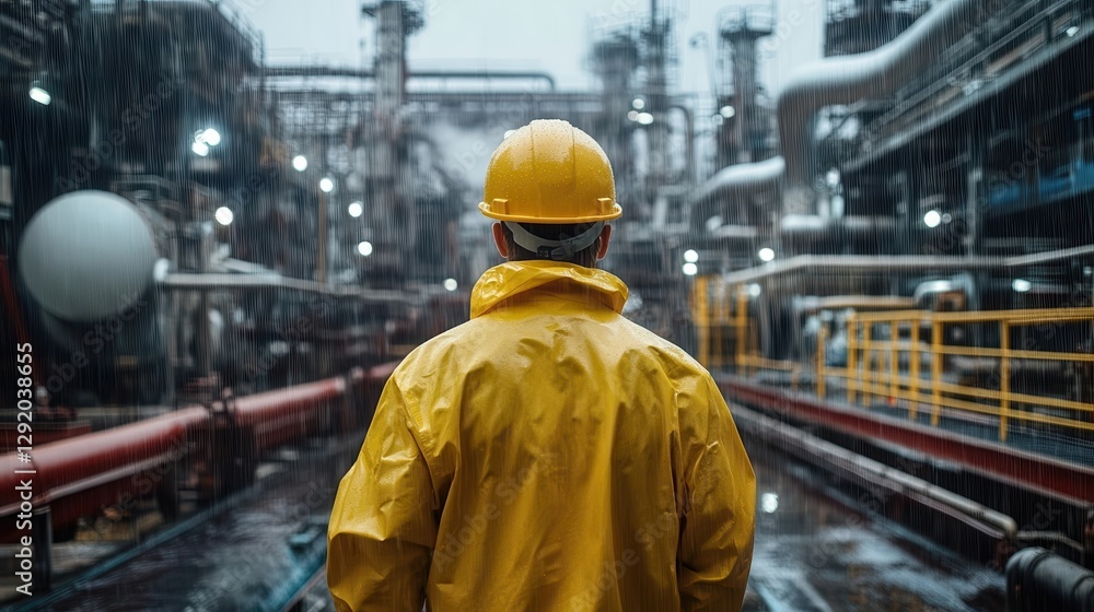 Industrial worker walking through a refinery while raining, surrounded by pipes, metal structures, and machinery. Industrial worker walking through a refinery while raining, surrounded by pipes, metal structures, and machinery.