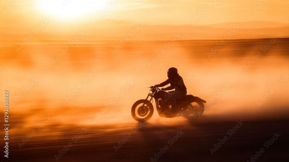 Fototapeta premium Silhouette biker motorcycle sunset desert dust