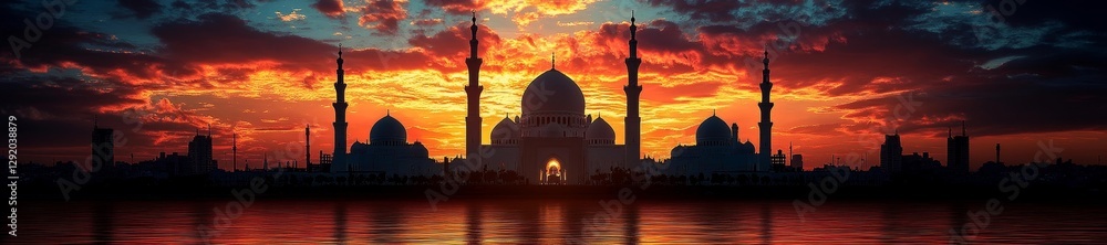 Obraz premium Silhouette of a mosque during sunset with vibrant colors and soft glowing light in the background. Generative AI
