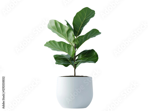 A fiddle leaf fig plant with large, glossy leaves grows in a minimalist white pot, brightening a well-lit indoor area, creating a fresh atmosphere.