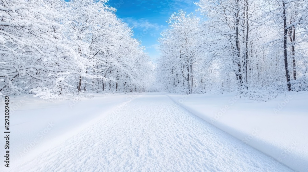 Snowy forest pathway under a bright sky; winter wonderland scene; great for screensaver or greeting card use Snowy forest pathway under a bright sky; winter wonderland scene; great for screensaver or greeting card use