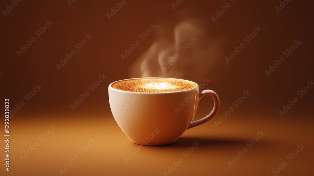 3D vector icon of a steaming cup of coffee with foam art, detailed textures and lighting, warm brown background 3D vector icon of a steaming cup of coffee with foam art, detailed textures and lighting, warm brown background
