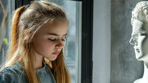 Young girl reading a book next to a bust sculpture in a sunlit room