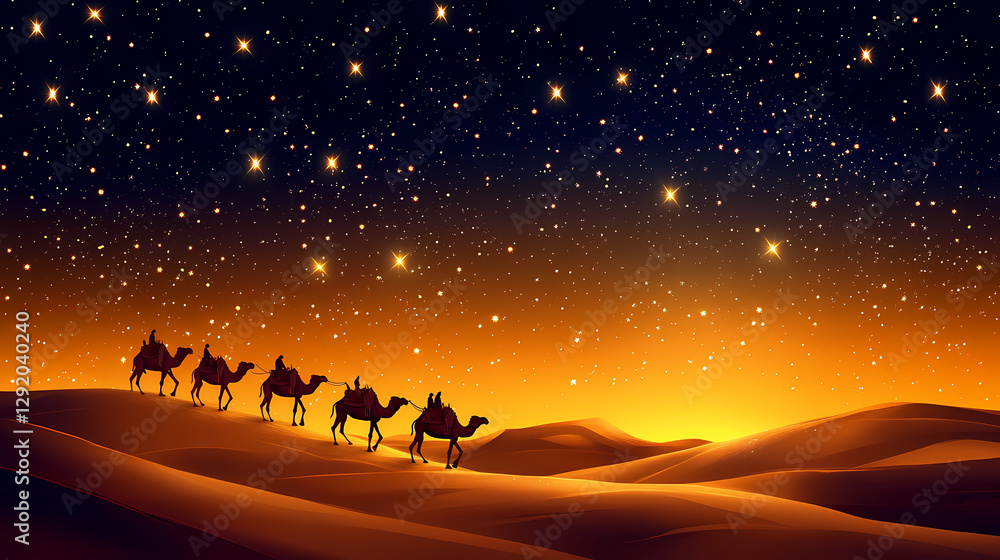 Fototapeta premium A caravan of camels traversing a golden desert under a starry sky. Desert Caravan Under Stars. Illustration