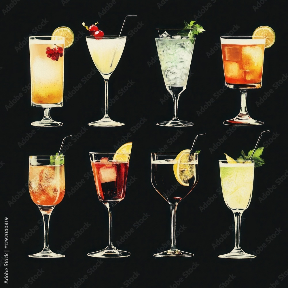 Assorted cocktails on dark background; drinks, garnishes, display; bar, restaurant Assorted cocktails on dark background; drinks, garnishes, display; bar, restaurant