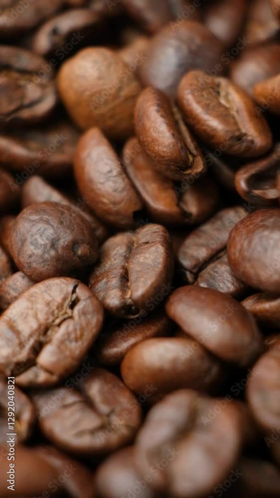 Decaf coffee beans pouring macro vertical slow motion. Decaf coffee beans pouring macro vertical slow motion.