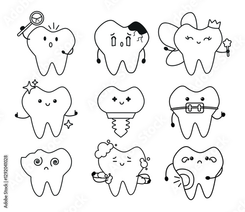 Kawaii Teeth Set – Cute Dental Cartoon Characters Line style. Templates for children's dentistry, coloring page