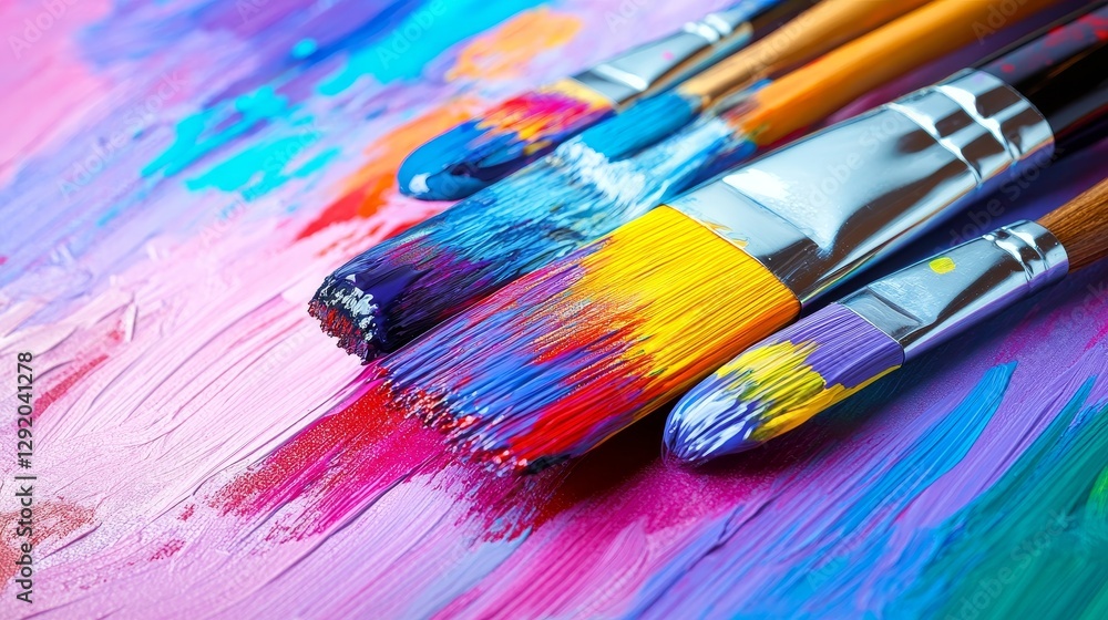 Vibrant paintbrushes resting on a colorful palette, showcasing artistic tool and creativity Vibrant paintbrushes resting on a colorful palette, showcasing artistic tool and creativity